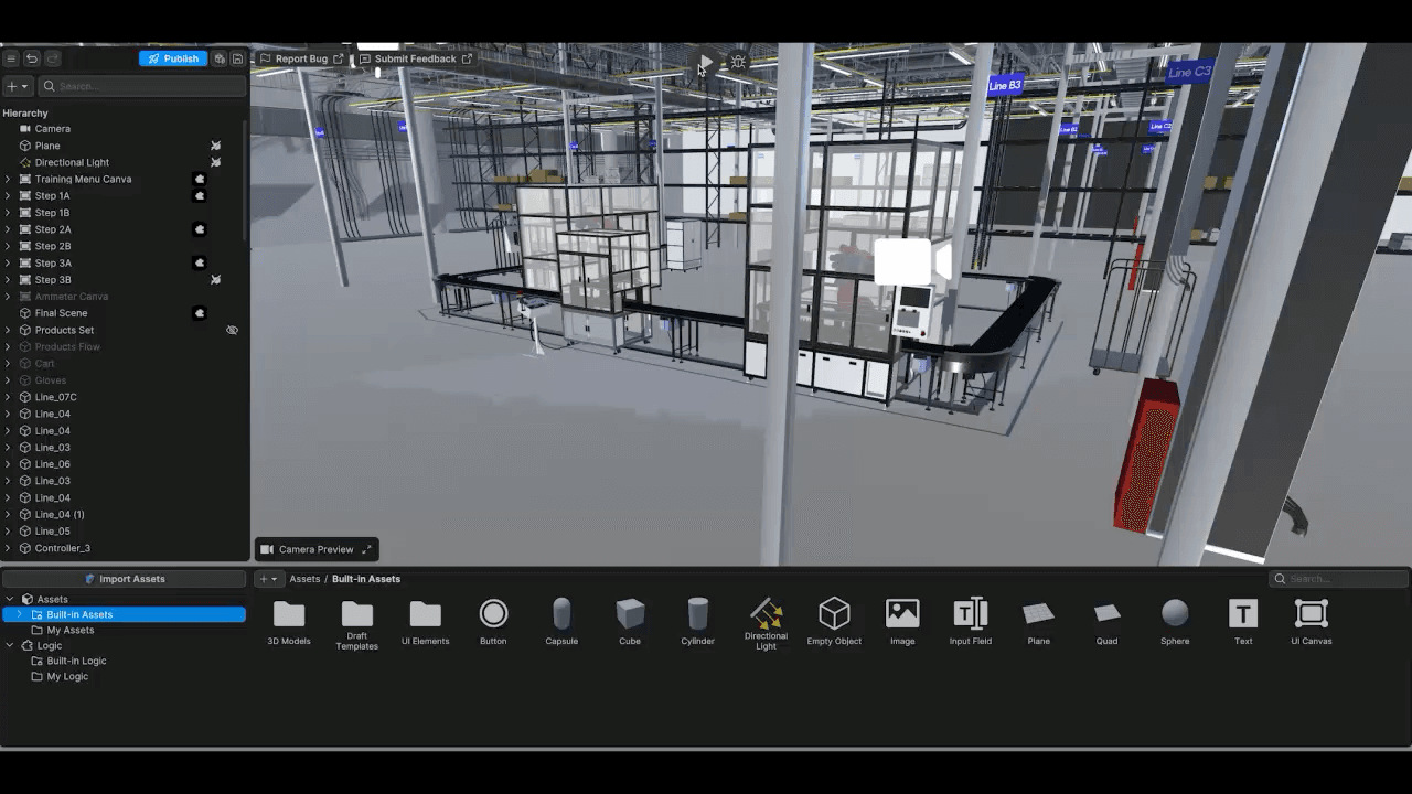 Unity Studio 소개 학습 튜토리얼의 단계를 보여 주는 Unity Studio UI 