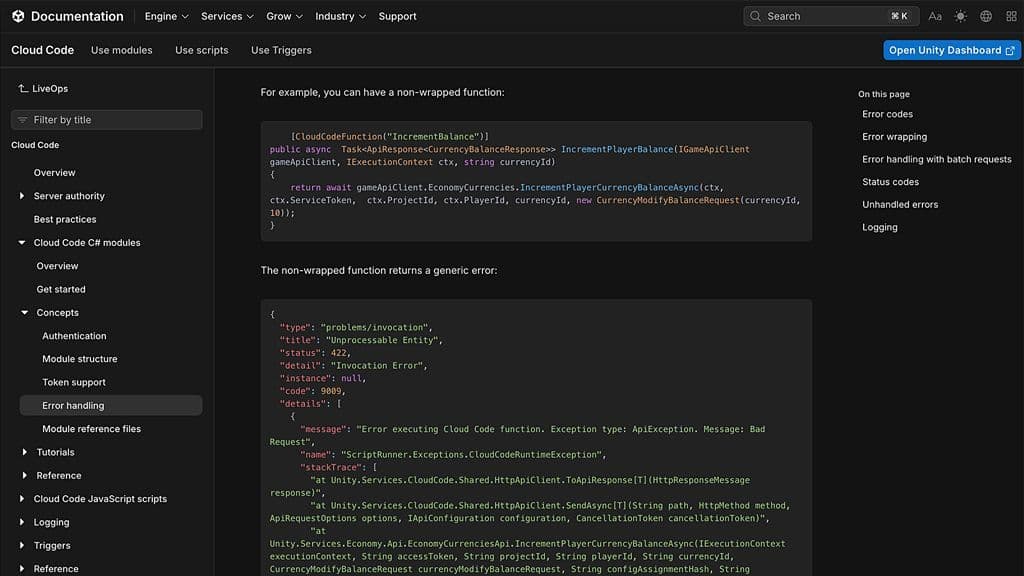 C# 코드 스니핏과 JSON 오류 응답이 포함된 Unity Cloud Code의 어두운 테마 기술 문서 페이지 스크린샷입니다.