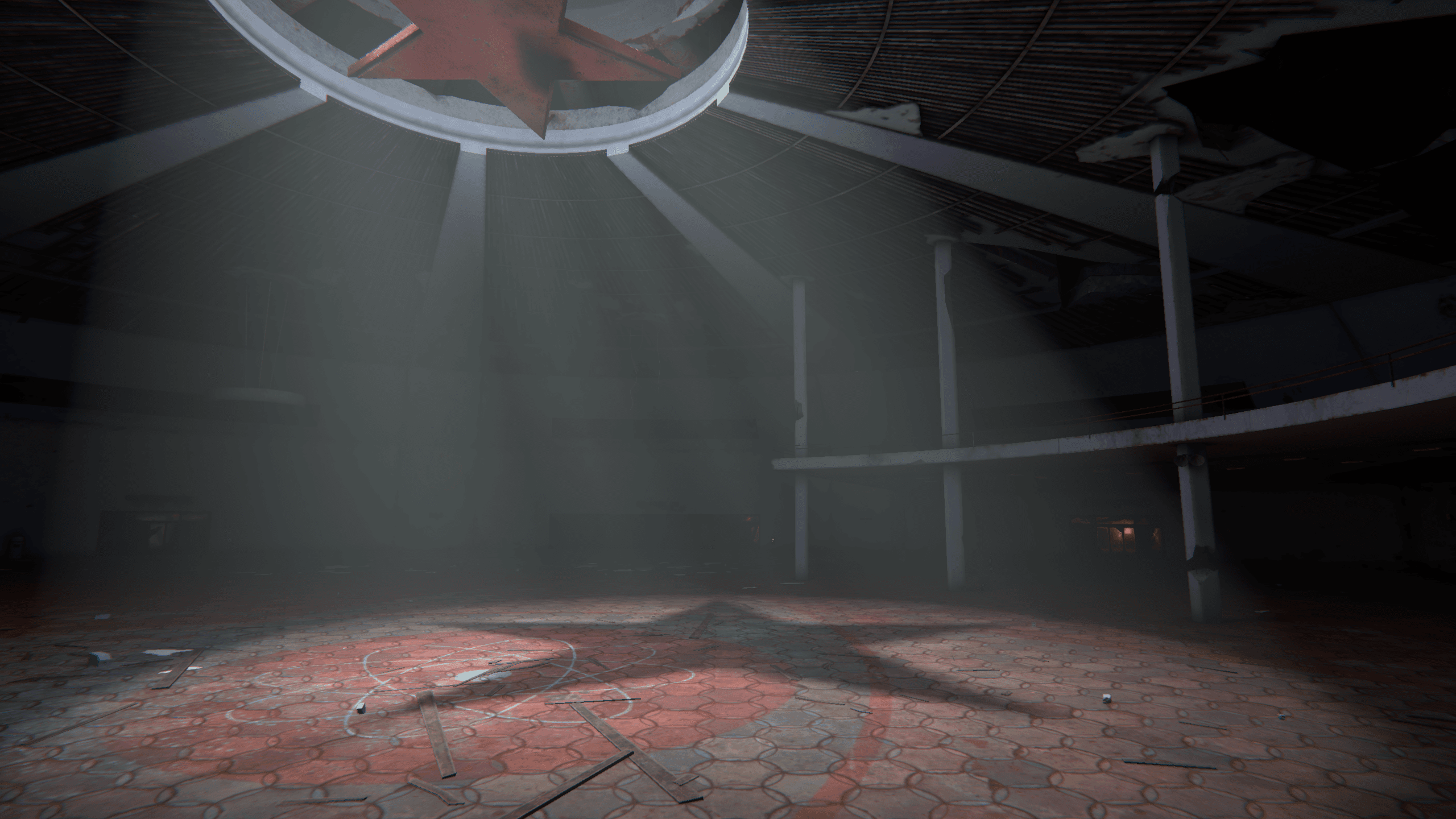 Screenshot from NODE: The Last Favor of the Antarii by Lapsus Games | Made with Unity. A 3D environment mostly in shadow. On a red tiled floor, the shadow of a star is superimposed by a structure on the ceiling. Shafts of light reveal a light fog in the atmosphere of the scene.
