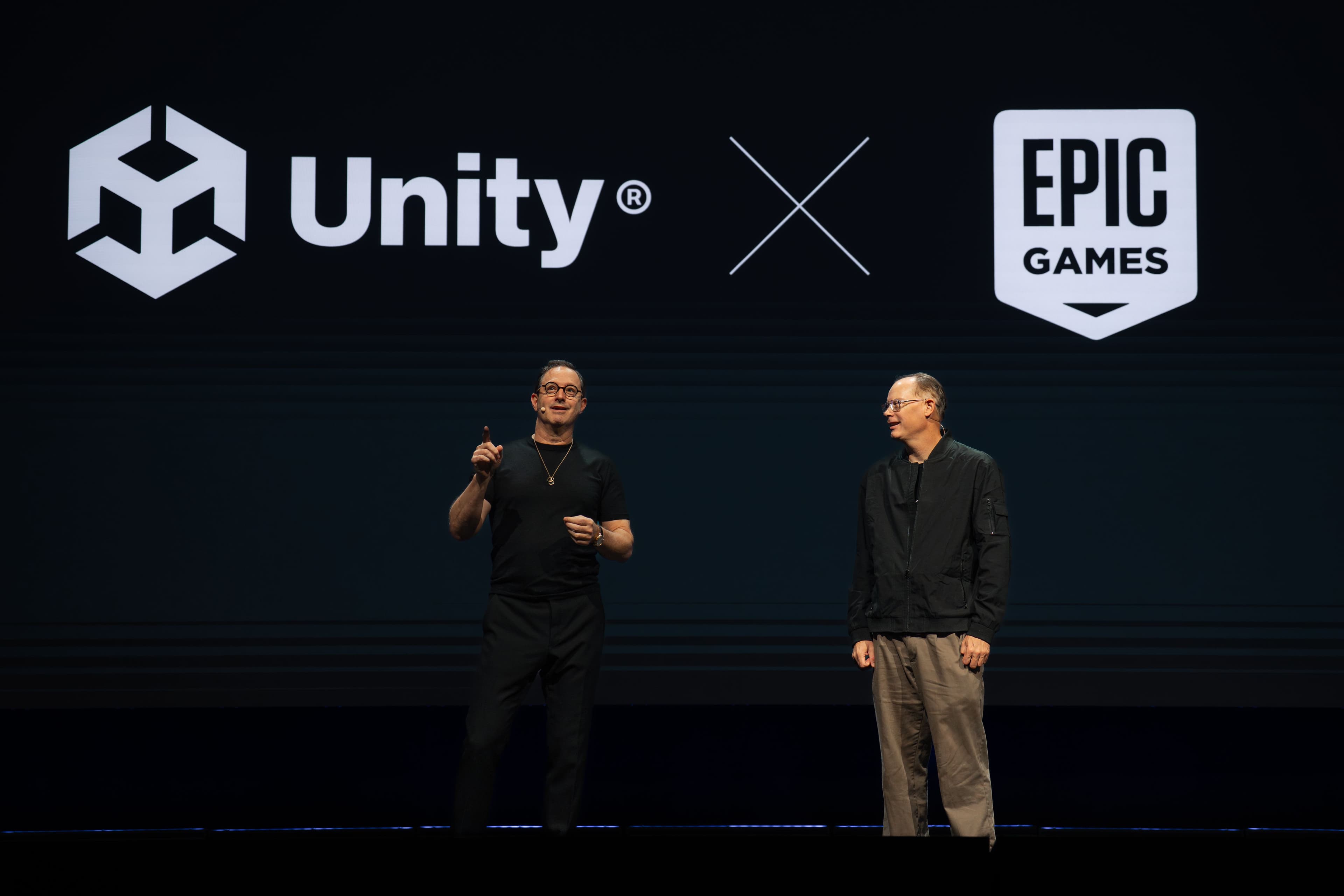 Unity President and CEO Matt Bromberg and Tim Sweeney, Founder and CEO of Epic Games onstage at Unite 2025 announcing a new partnership.