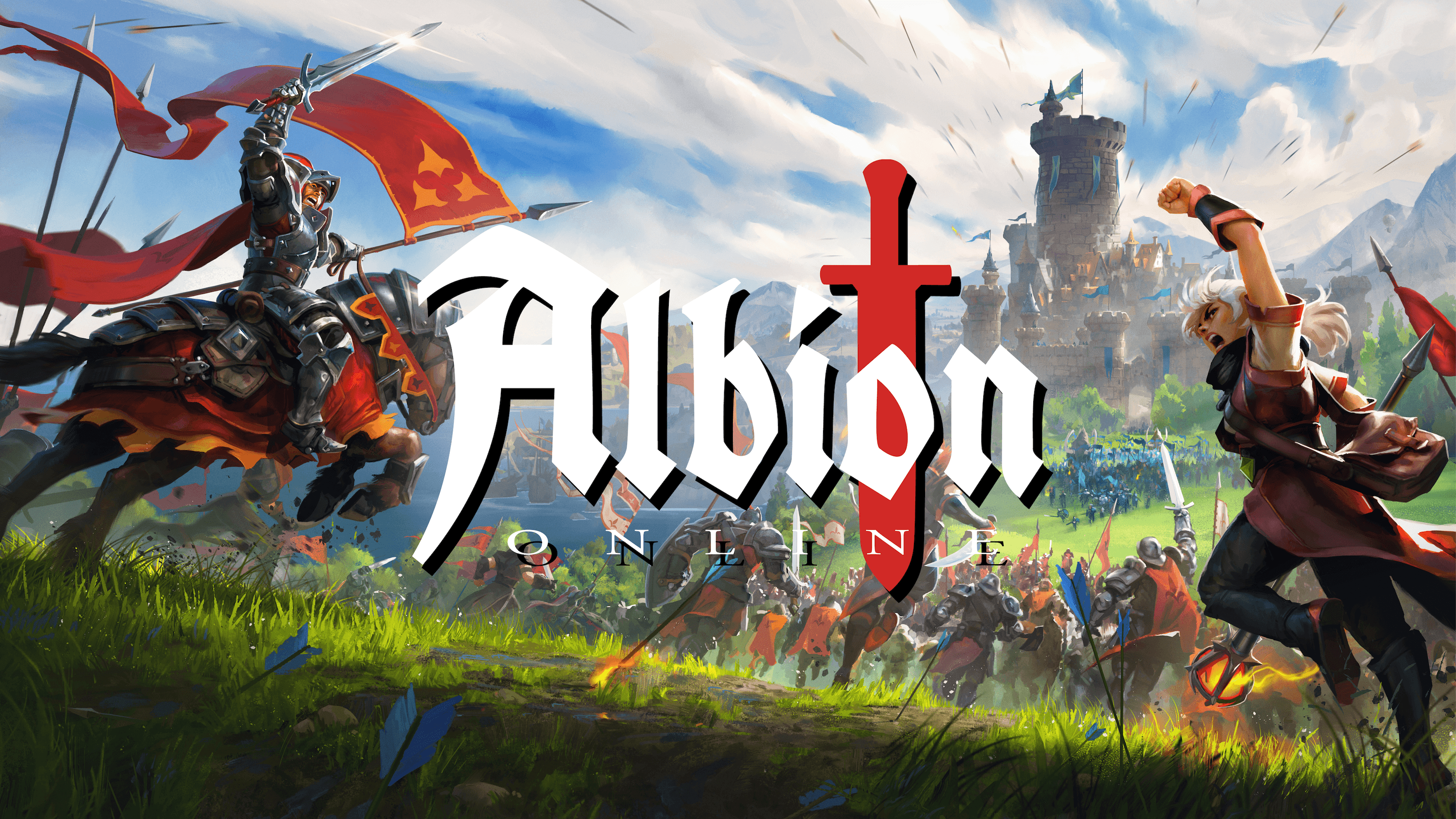 Sandbox Interactive 制作的《Albion Online》主视觉图。Made with Unity.画面左侧,一名手持红色三角旗的骑马骑士正向右侧那位高举拳头的金发战士冲去。他们身后正激战正酣。