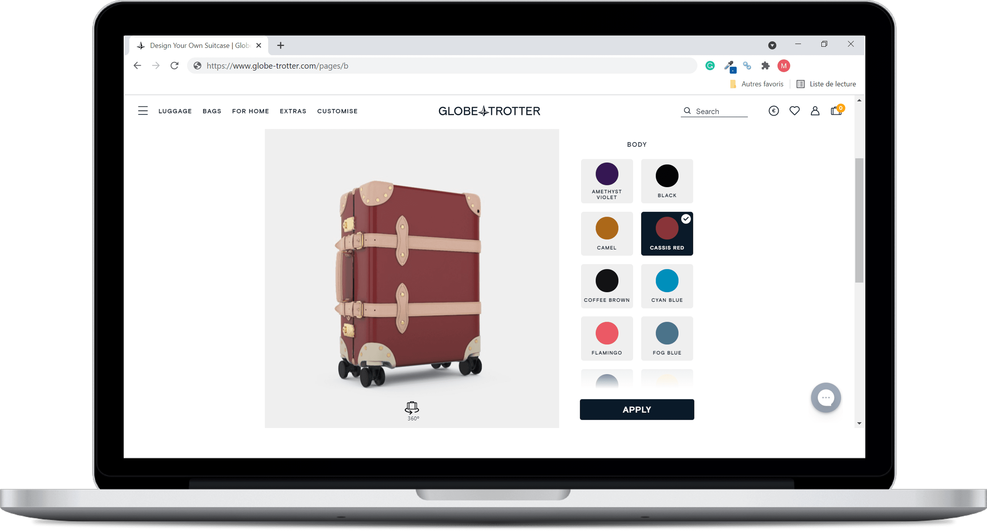 Globe trotter - une capture d'écran du configurateur de produit sur leur site