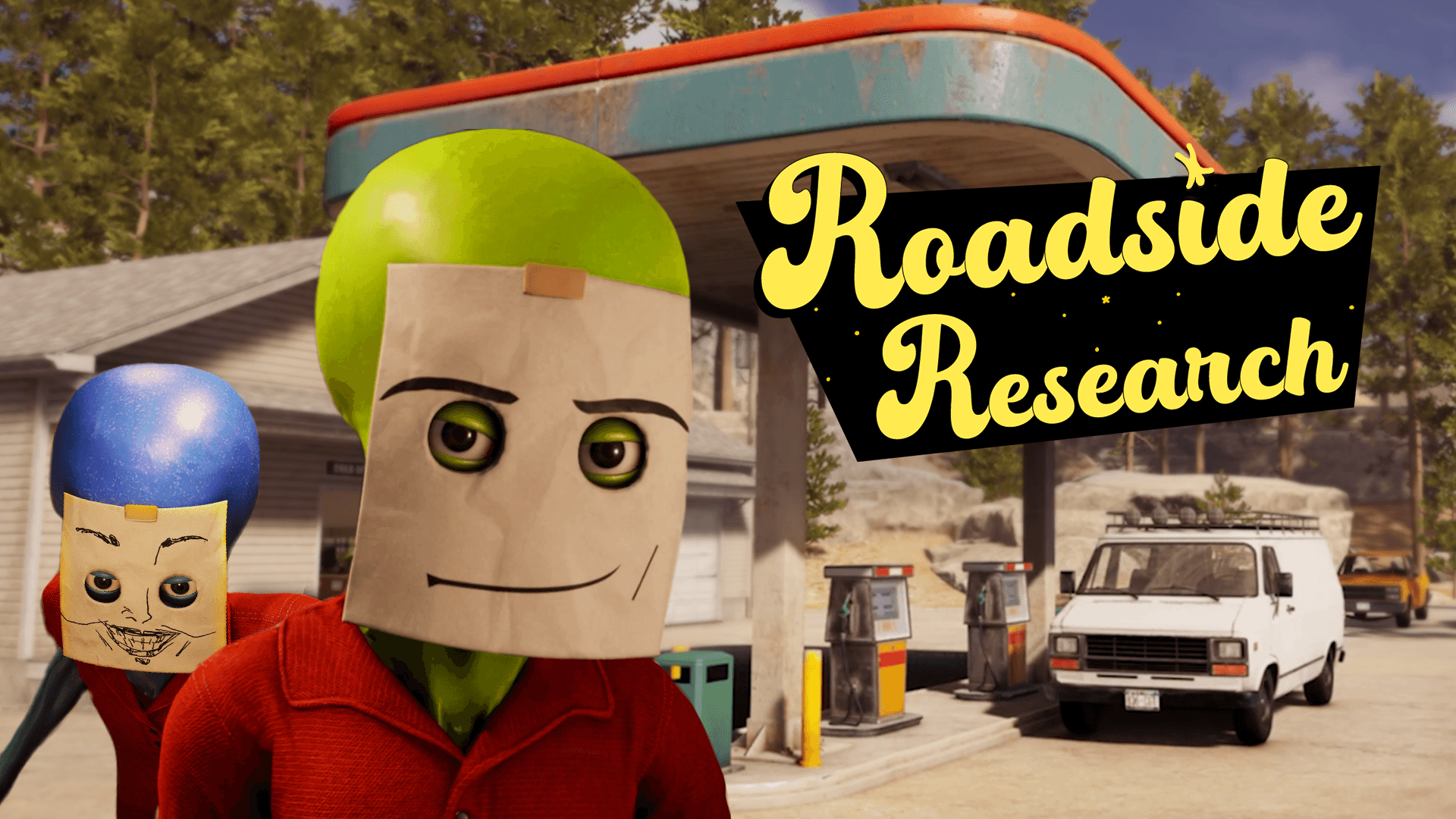 Key art for Roadside Research by Cybernetic Walrus | Made with Unity. Two figures with bulbous heads wearing paper bag masks stand in front of a gas station. The figure on the right is blue, and the figure in the center is green. On the right, parked in the background, is a white truck that looks like a surveillance vehicle.