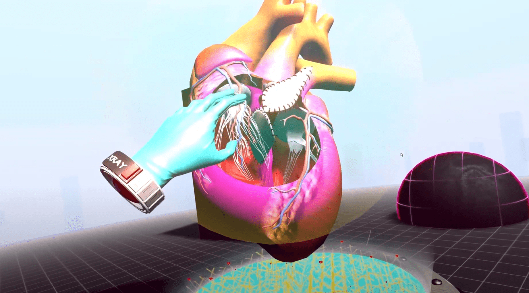 A hand doing surgery on a heart in 3D