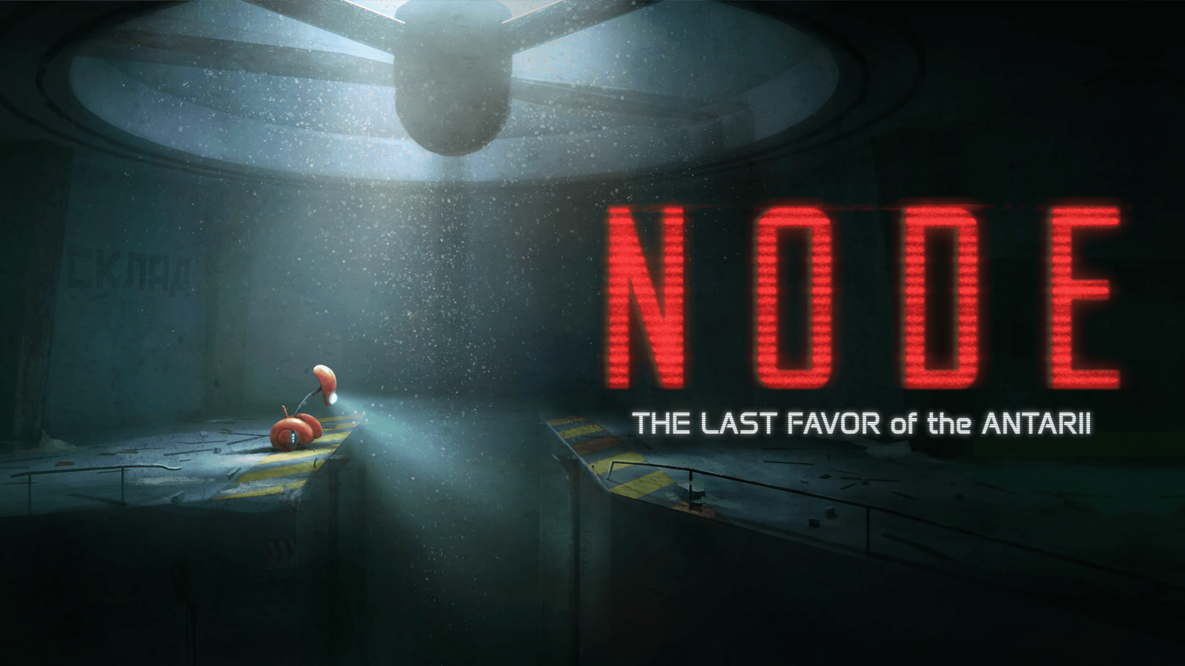 Key art from NODE: The Last Favor of the Antarii by Lapsus Games | Made with Unity. A small robot in some kind of ducting system peers down into an open shaft. Above it is a fan with light and particles drifting down.