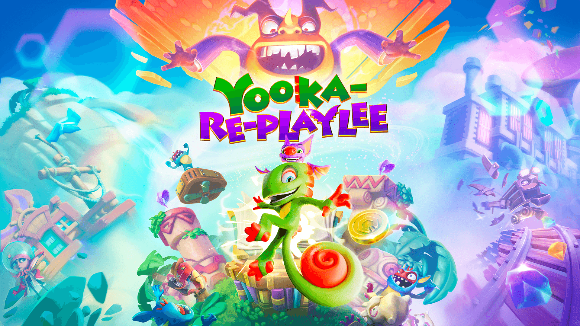 Key art for Yooka-Replaylee by Playtonic Games | Made with Unity. Stylized render of a green and red chameleon (Yooka) with a purple bat (Laylee) on its head, leaping over a colorful tropical environment. Above them is the title YOOKA-REPLAYLEE rendered in green and purple. An evil bee (Capital B) looks down at them menacingly.