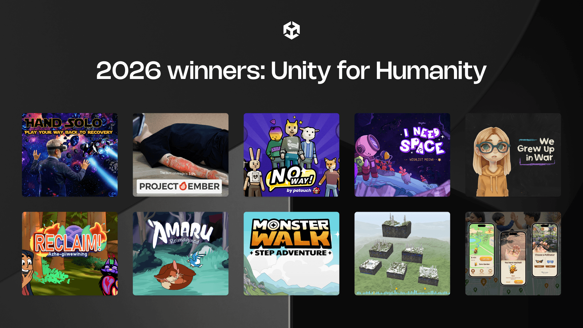 Un gráfico promocional para los ganadores del premio «Unity for Humanity» de 2026, con un fondo oscuro y en ángulo en el que se aprecia el logotipo de Unity y un texto en blanco en la parte superior. The image shows a grid with 10 different project miniatures, arranged in two rows of five.