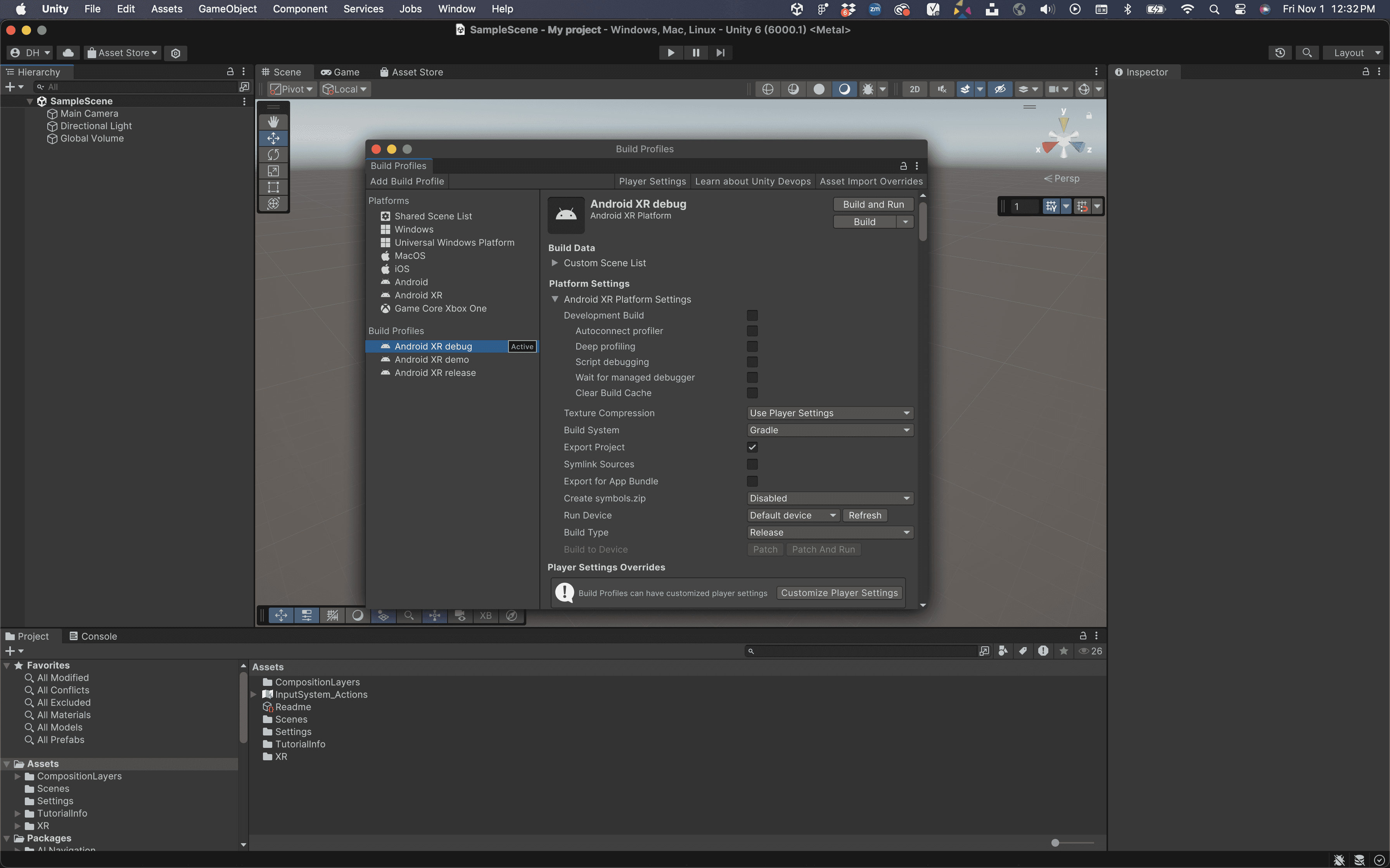 Android XR’s build profile in Unity 6.1
